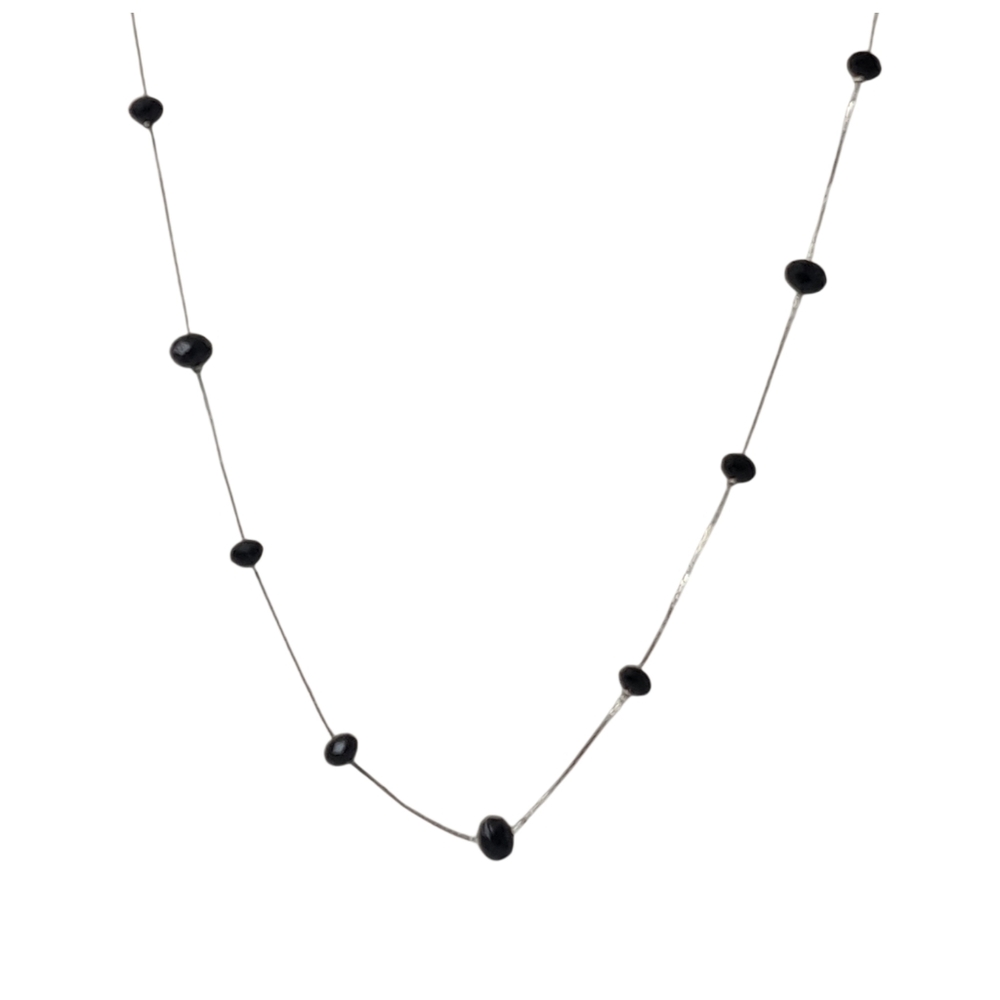 Long Silver-Tone Necklace with Faceted Black Glass Beads • 56" • NWOT